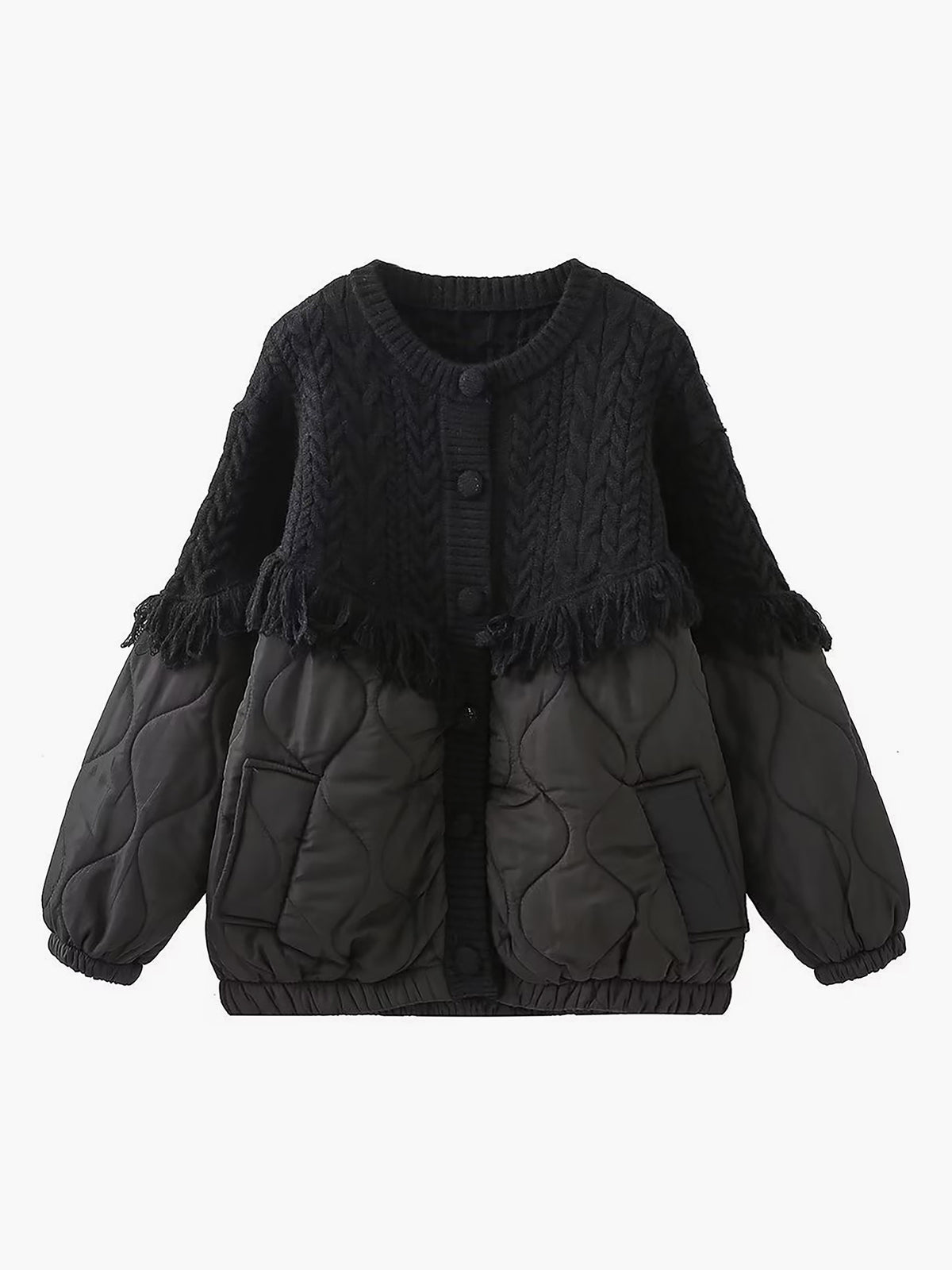 Reveré™ | Vatteret Strikjakke med Patchwork og Snoet Mønster