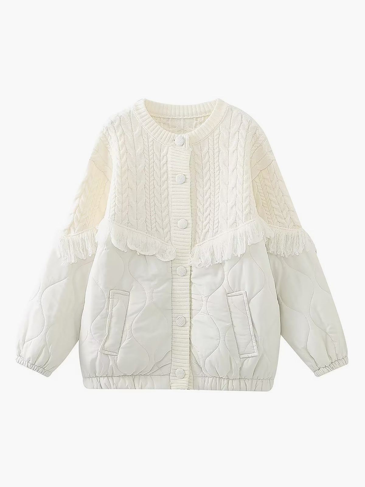 Reveré™ | Vatteret Strikjakke med Patchwork og Snoet Mønster